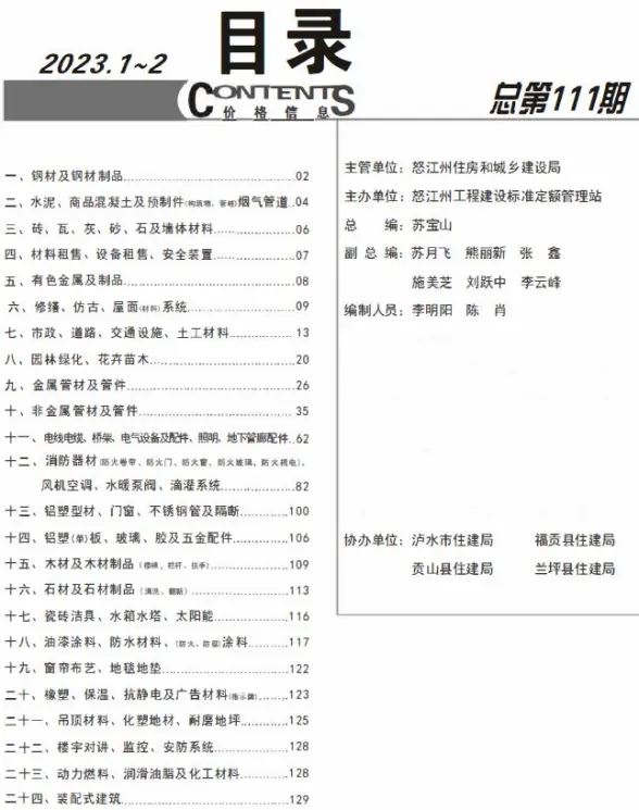 怒江2023年1期1、2月招标造价信息