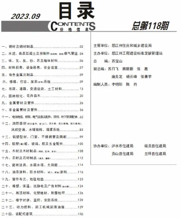 怒江州2023年9月招标造价信息