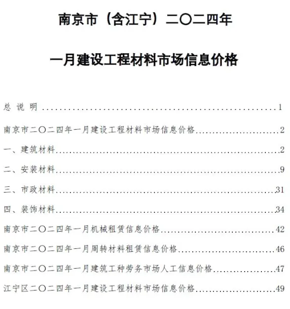 南京市2024年1月建材造价信息PDF第一页