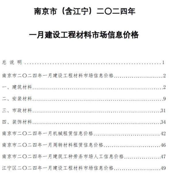 南京市2024年1月造价材料信息