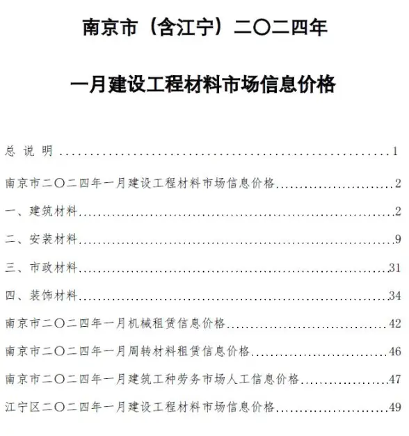 南京市2024年1月造价信息