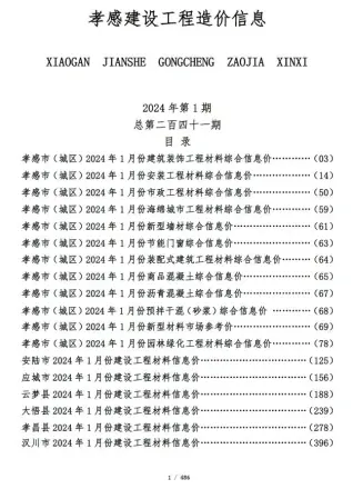 孝感市2024年1月建设工程造价信息