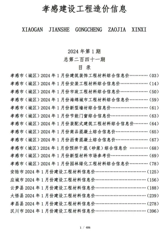 孝感市2024年1月工程造价信息