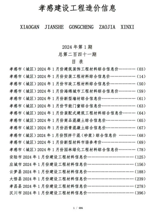 孝感市2024年1月建设工程造价信息封面