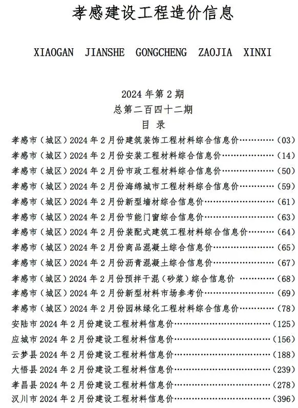 孝感市2024年2月工程造价信息
