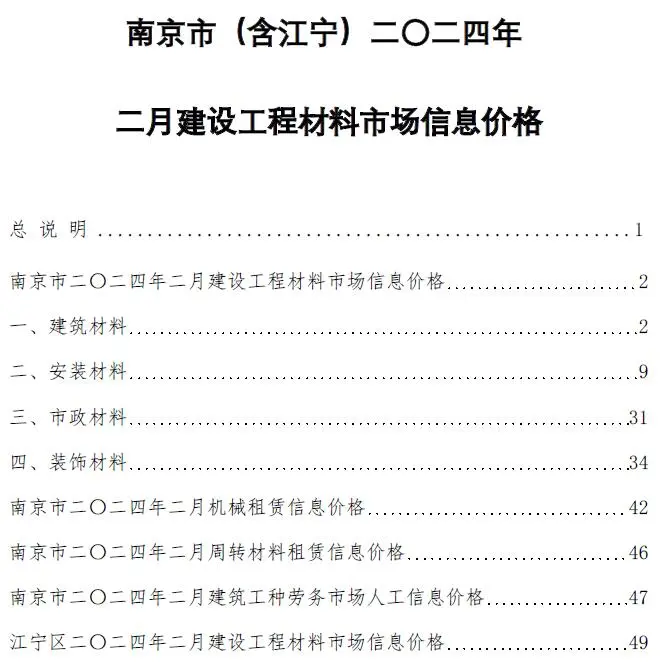 南京市2024年2月建设工程材料市场信息价格