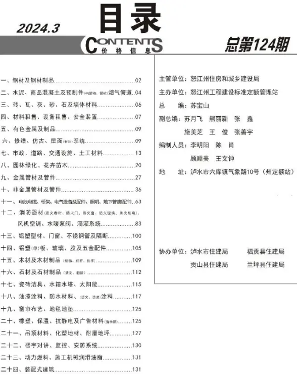 怒江州2024年3月招标造价信息