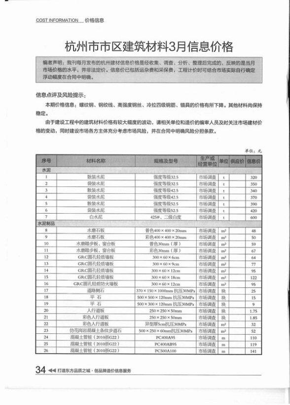 杭州市2015年3月材料指导价
