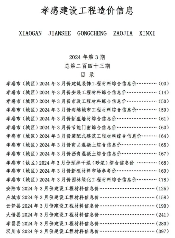 孝感市2024年3月工程造价信息