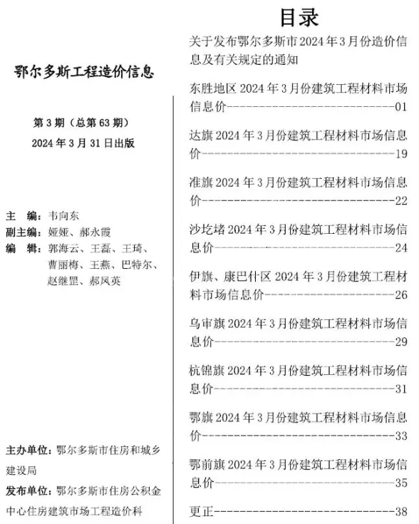 鄂尔多斯市2024年3月工程造价信息