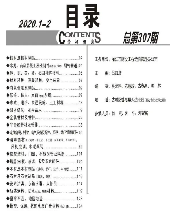 丽江2020年1期1、2月工程造价信息