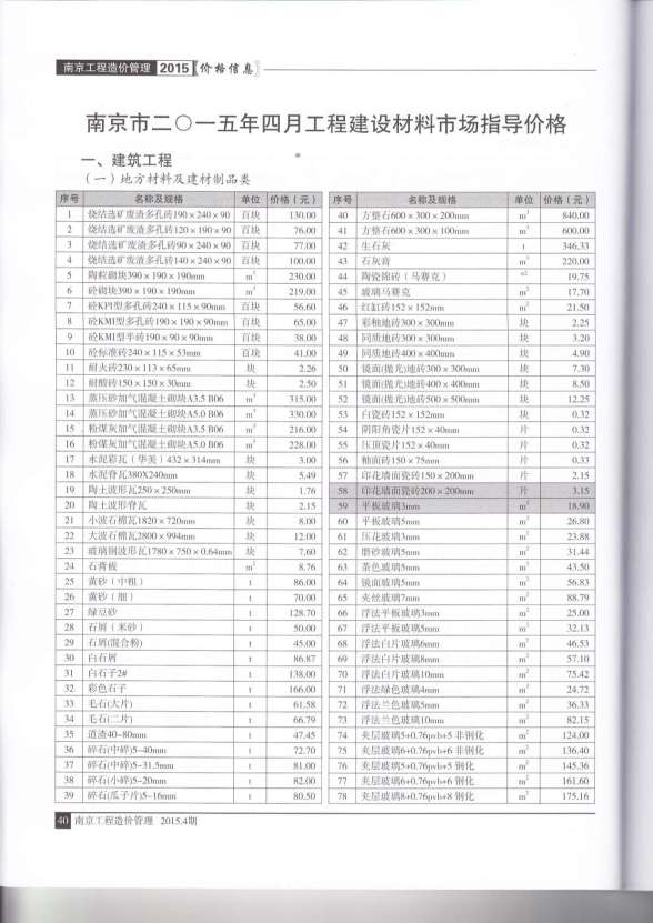 南京市2015年第4期建筑造价信息