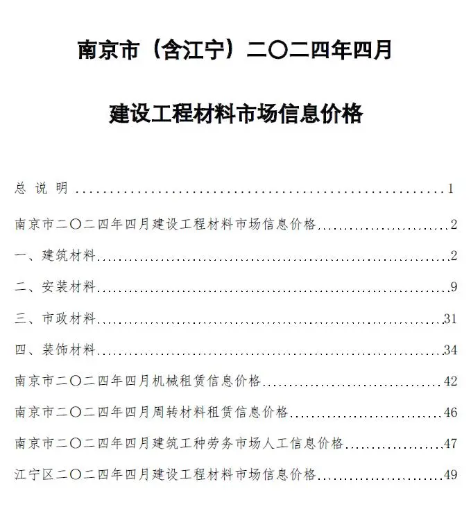 2024年南京建设工程材料市场信息价格