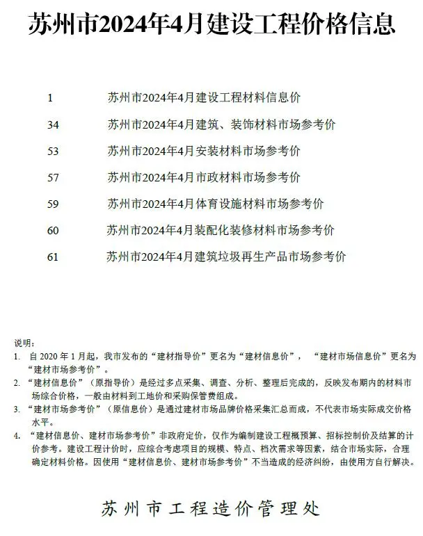 苏州市2024年4月电子版建设工程价格信息