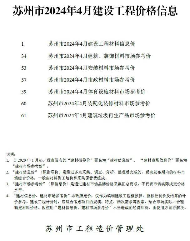 苏州市2024年4月电子版建设工程价格信息(造价信息)封面