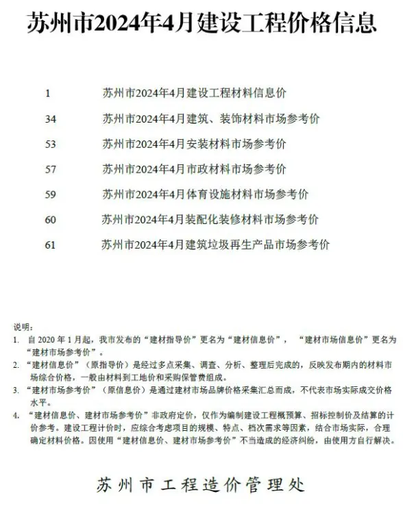 苏州市2024年4月招标造价信息