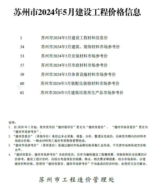 苏州2024年5月建设工程价格信息