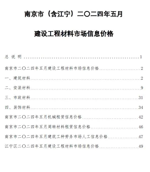 2024年5月南京建设工程材料市场信息价格
