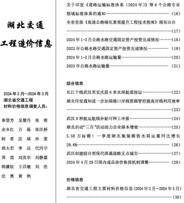 湖北2024年2月交通信息价