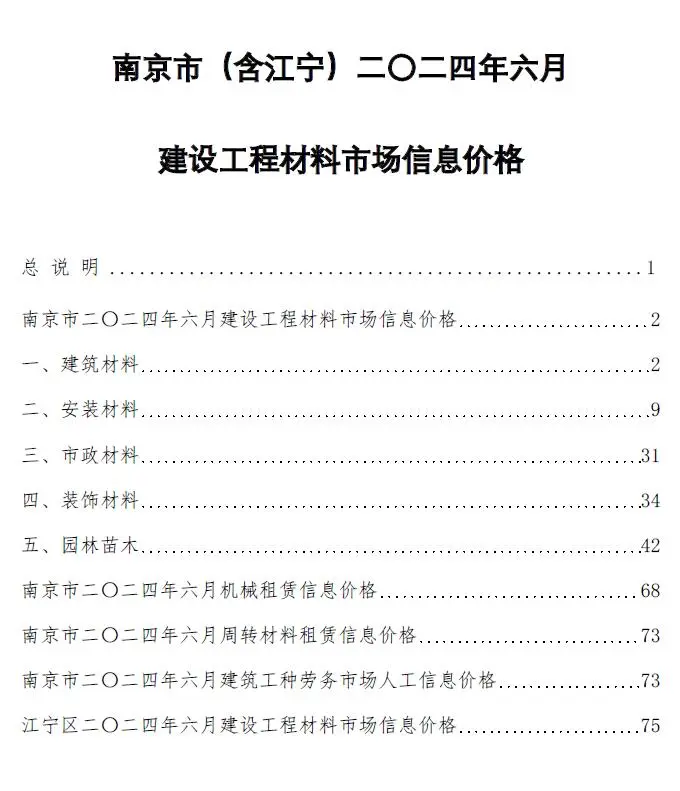 2024年6月南京建设工程材料市场信息价格