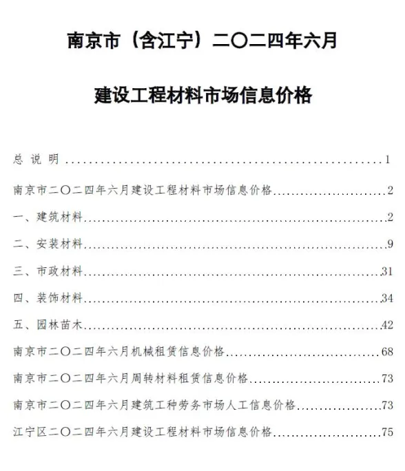 南京市2024年6月建材造价信息PDF第一页