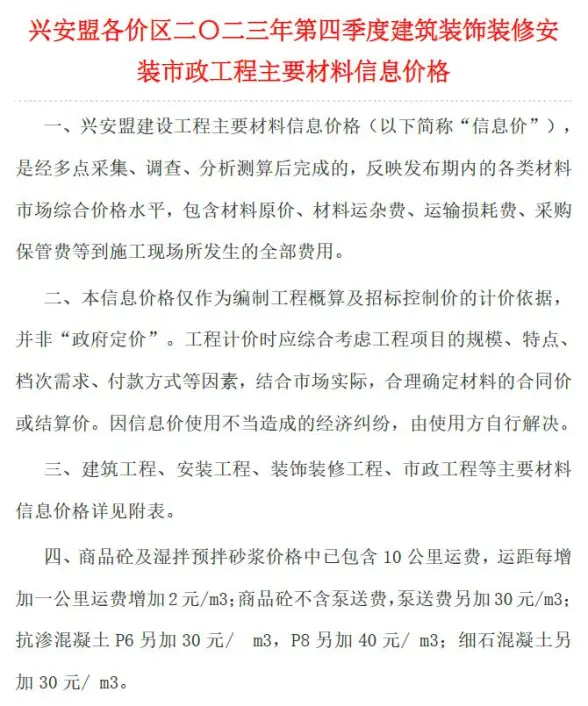 兴安盟2023年4季刊10、11、12月建设造价信息