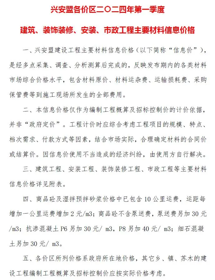 2024年兴安盟建设工程造价信息