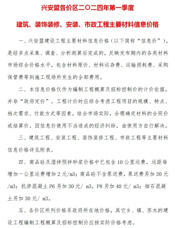 兴安盟2024年1季度1、2、3月建设造价信息