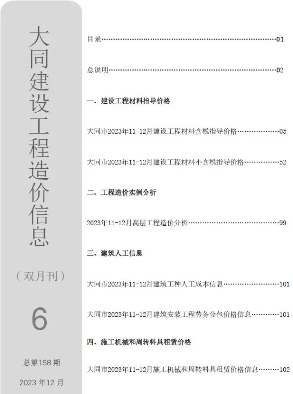 大同2023年6期11、12月材料造价信息