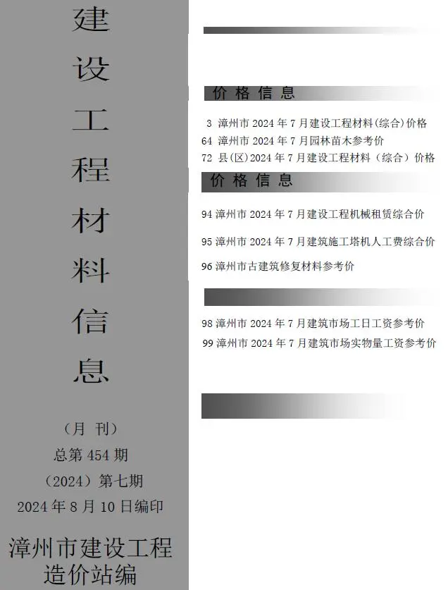 2024年7月漳州建设工程材料信息