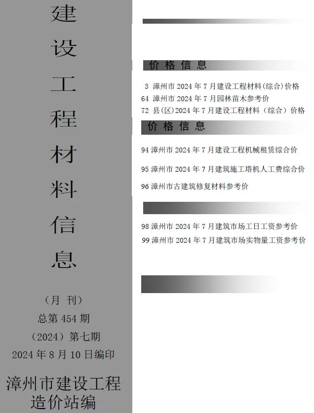 漳州2024年7月建材结算价