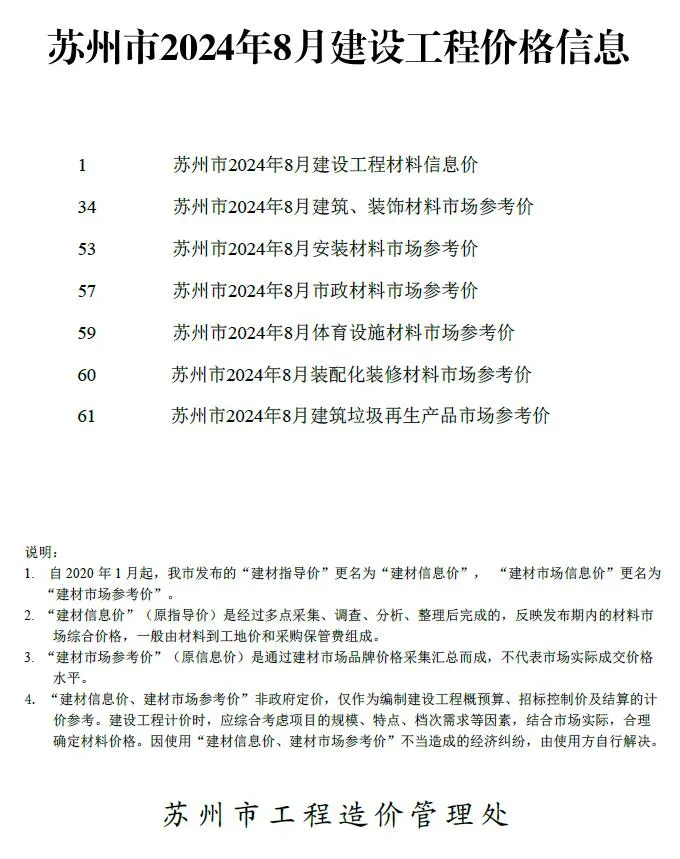 2024年8月苏州建设工程价格信息(造价信息)第一页