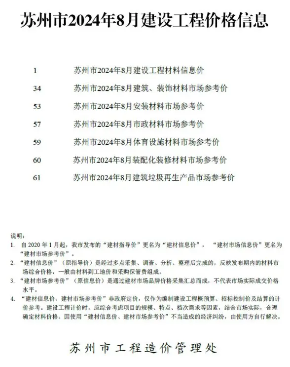苏州市2024年8月招标造价信息