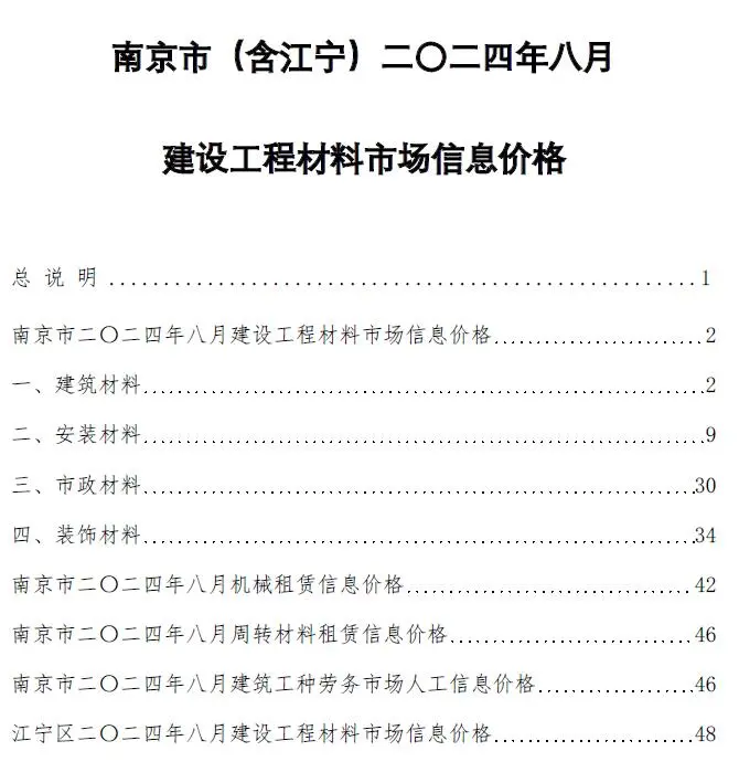 南京市2024年8月建设工程材料市场信息价格