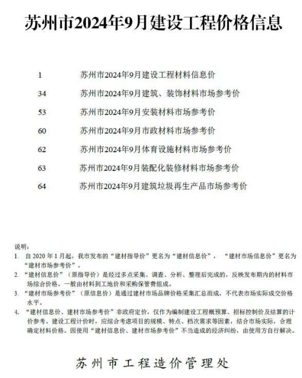 苏州市2024年9月招标造价信息