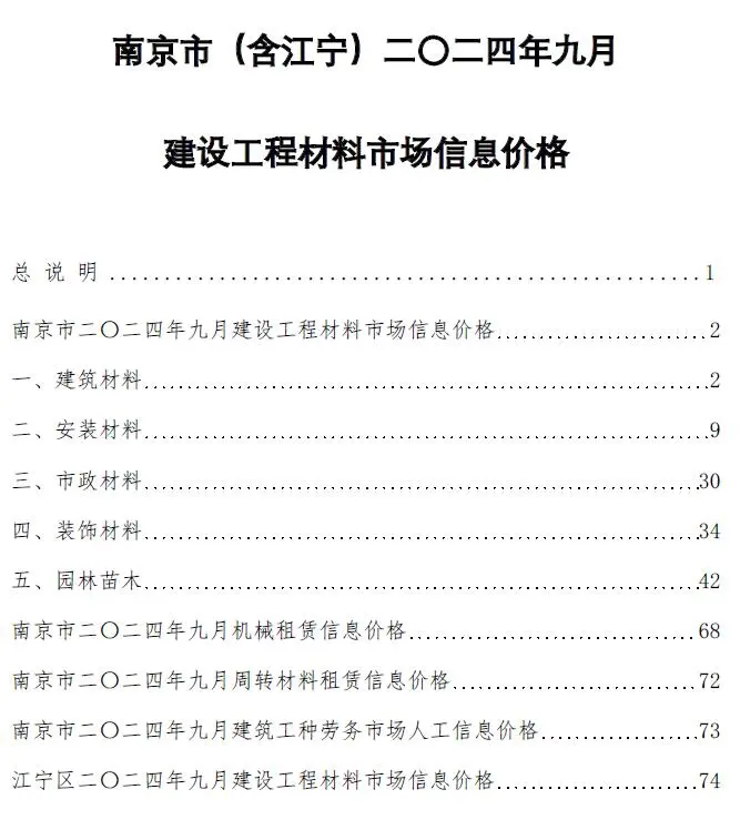 南京市2024年9月建设工程材料市场信息价格