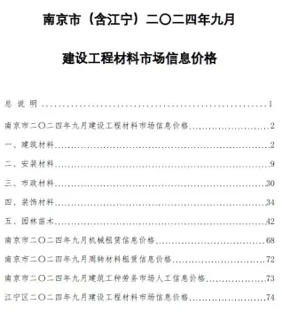 南京市2024年9月建设工程材料市场信息价格