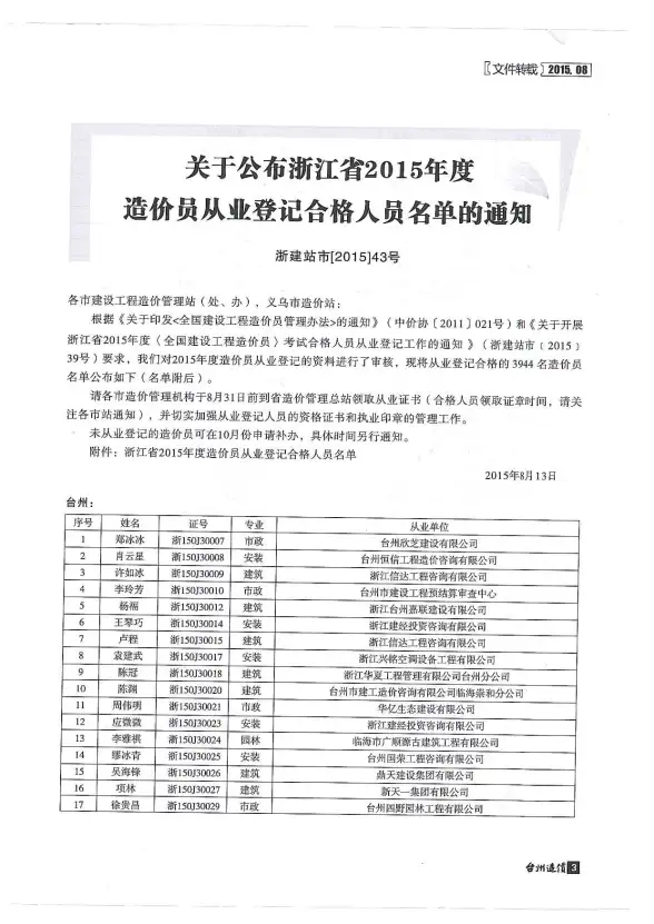 台州市2015年8月造价信息