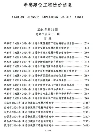 孝感市2024年11月建设工程造价信息