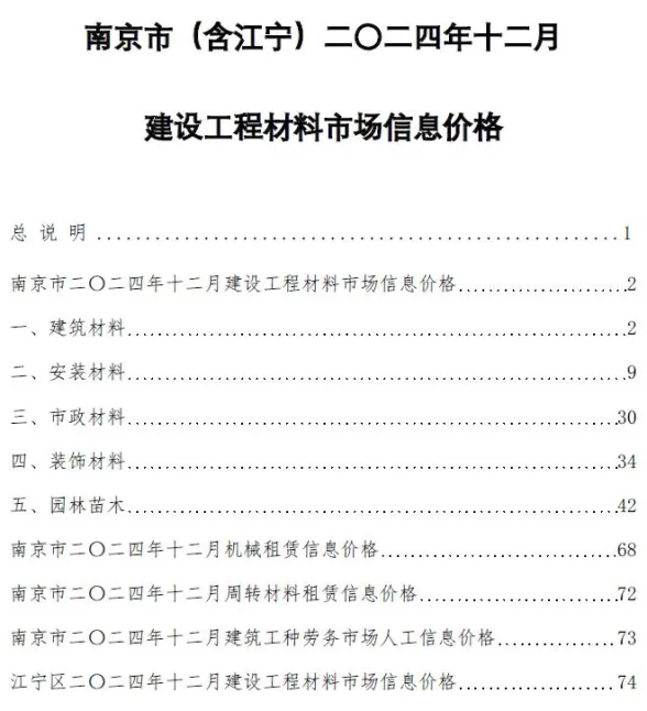 南京市2024年12月建材造价信息PDF第一页