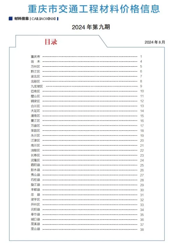 重庆2024年交通8月(第9期)工程信息价
