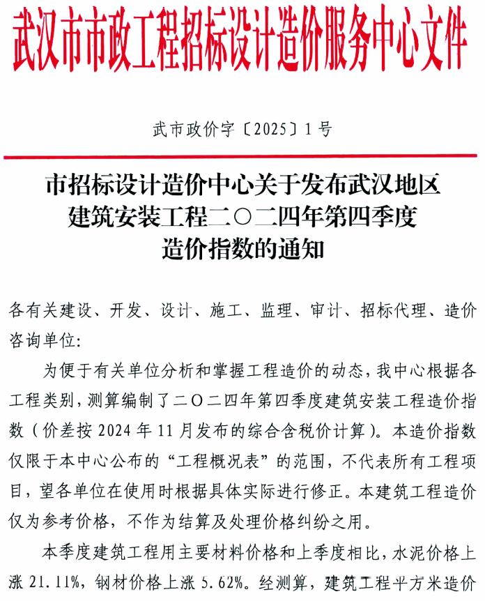 武汉地区建筑安装工程2024年第4季度造价指数(武市政价字[2025]1号)
