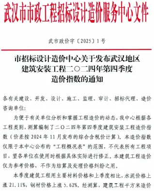 武汉地区建筑安装工程2024年第4季度造价指数(武市政价字[2025]1号)