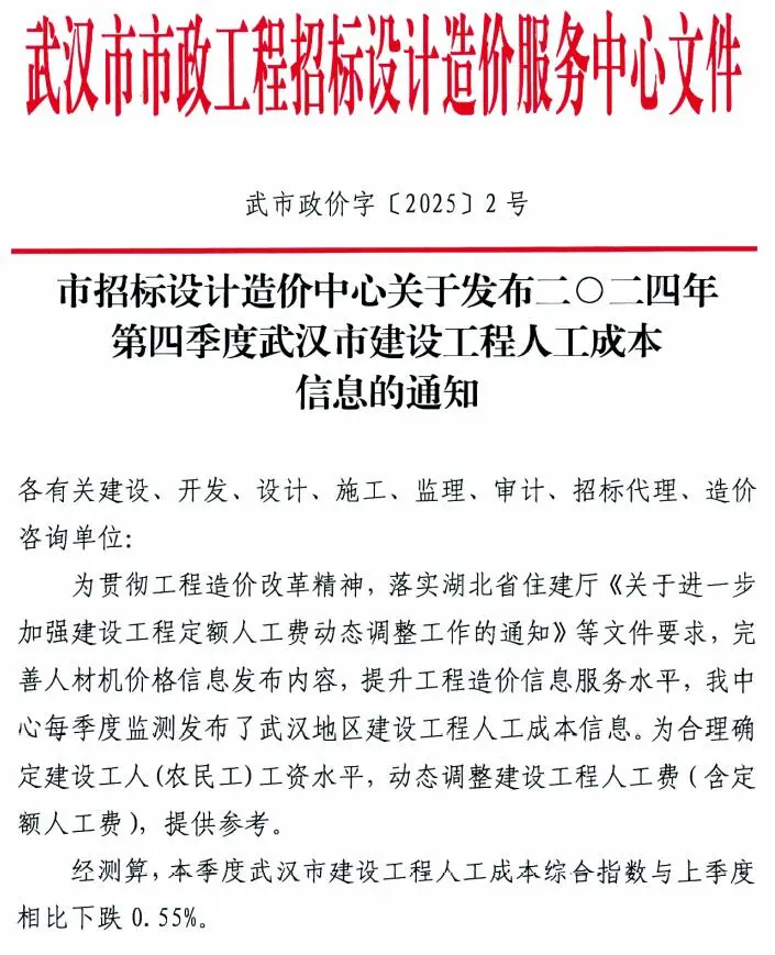 武汉市建设工程2024年4季度人工成本信息(武市政价字[2025]2号)