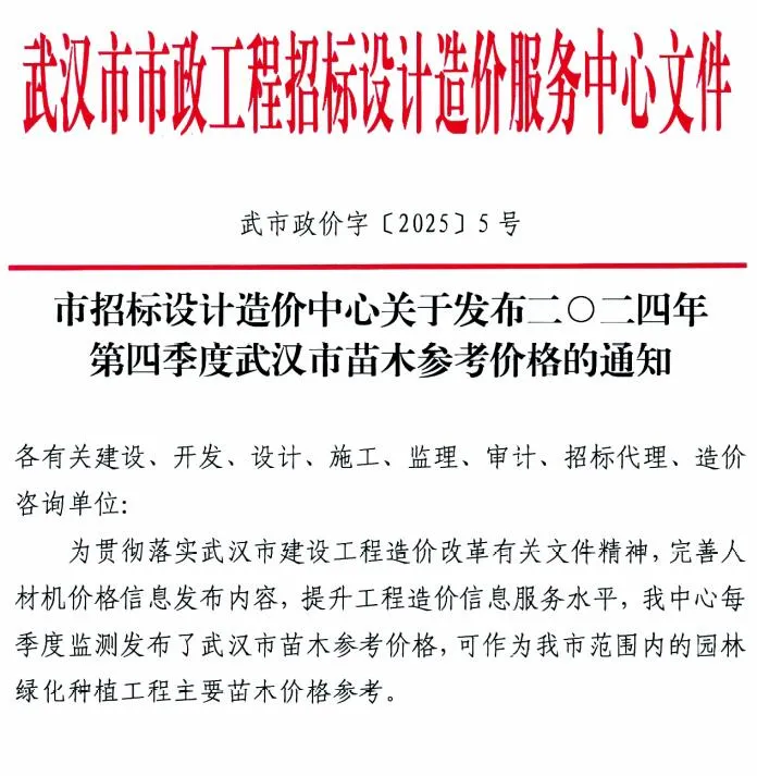 2024年4季度苗木10、11、12月武汉苗木参考价格(造价信息)第一页