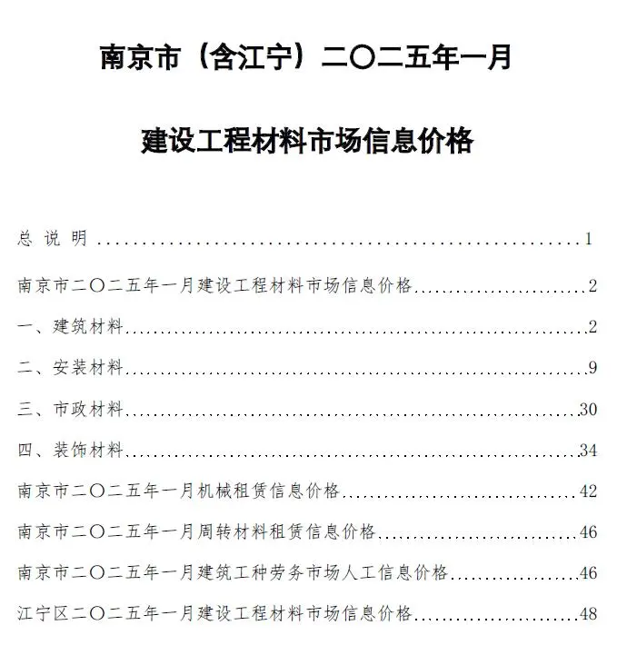 2025年1月南京建设工程材料市场信息价格