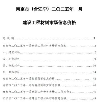 2025年1月南京建设工程材料市场信息价格