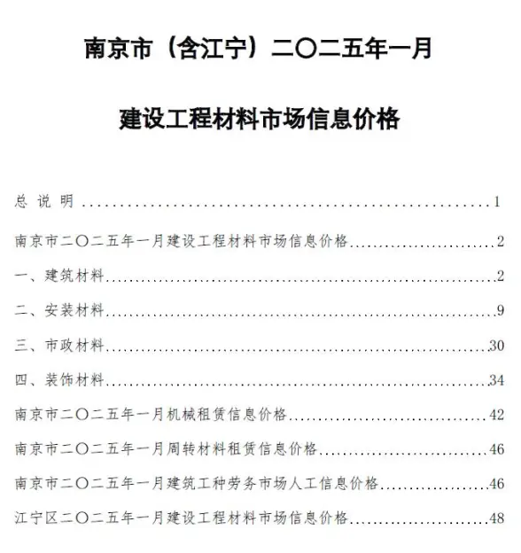 南京市2025年1月造价信息