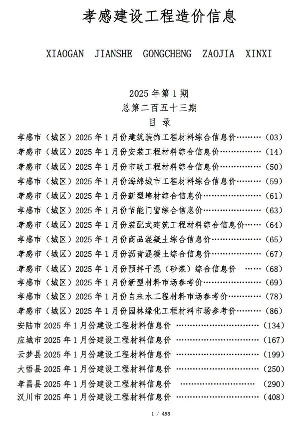 孝感市2025年1月建设工程造价信息
