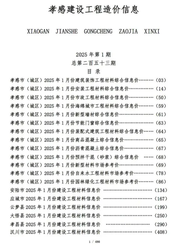 孝感市2025年1月工程造价信息